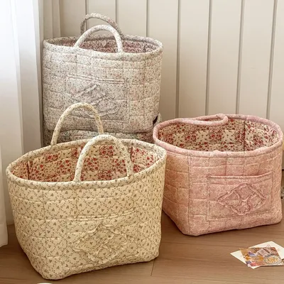 Vintage floral fabric laundry basket high appearance level large capacity storage basket folding portable storage basket