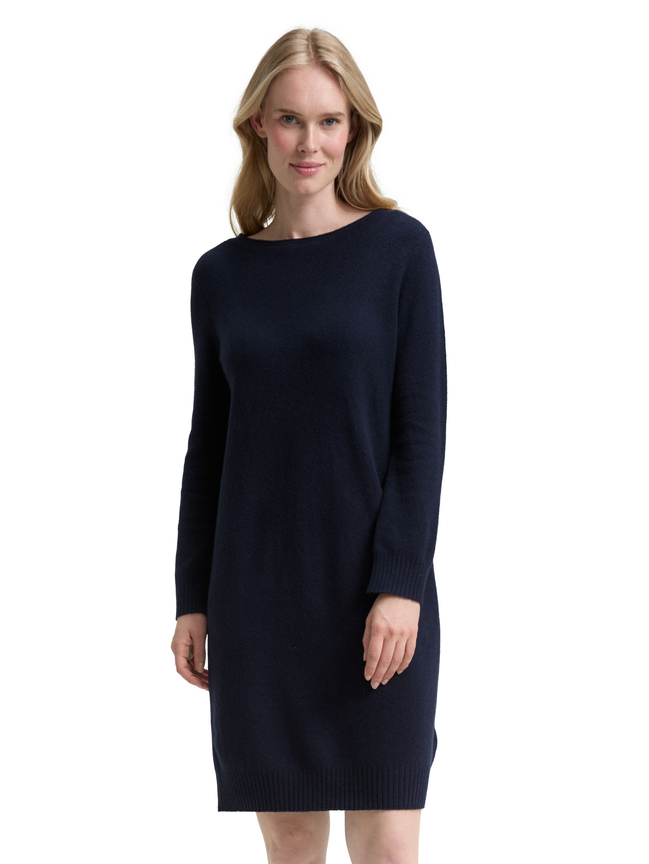 Strickkleid TOM TAILOR, Damen, Gr. 36, N-Gr, lunar eclipse, Strick, Obermaterial: 55% Baumwolle, 26% Polyamid, 11% Polyacryl, 5% Wolle, 3% sonstige Fasern, meliert, regular fit kniebedeckend, U-Boot-Ausschnitt, Rippbündchen, Kleider, mit Rippbündchen Image
