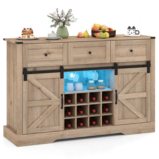 Costway 52 Inches Wine Bar Cabinet with LED Lights and Sliding Barn Doors-Light Gray