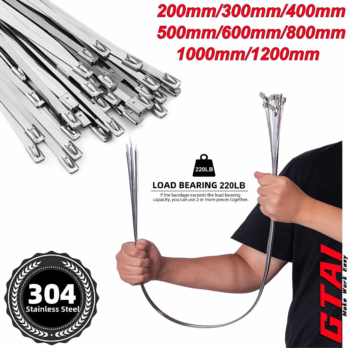 50 Stück Metall-Kabelbinder, robuste selbstsichernde Kabelbinder aus Edelstahl 304, für Auspufffolie, Drahtzaunrollen, Bauernhöfe, Rohre Image