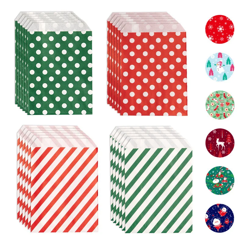 24 Sätze Weihnachtsgeschenktüten, Kraftpapiertüten aus rotem und grünem gepunktetem Twill, Geschenktüten für die Weihnachtsfeier mit Aufklebern im Lieferumfang enthalten Image