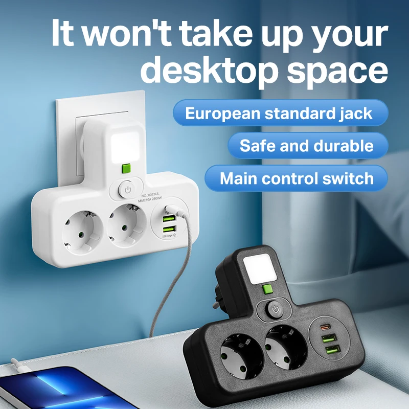 EU-Stecker-Stromversorgungsplatine, Multi-Stecker-Adapter, Wandsteckdose mit 2 AC-Steckdosen, 3 USB-Anschlüssen (1 Typ C), unabhängiger Nachtlichtschalter Image