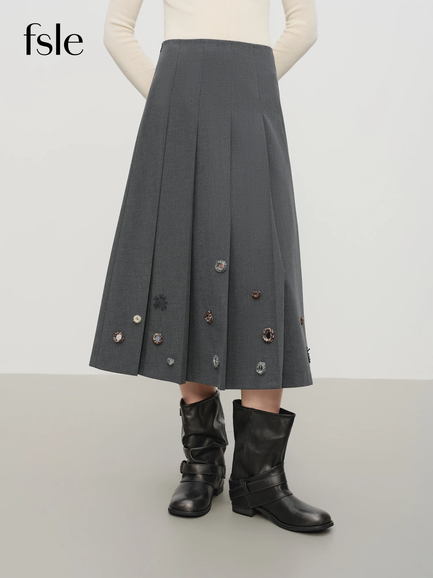 FSLE【Premium-Serie】 Winter 2025, Damen-Faltenrock im akademischen Stil – handverzierter mittellanger A-Linien-Rock mit hoher Taille Image