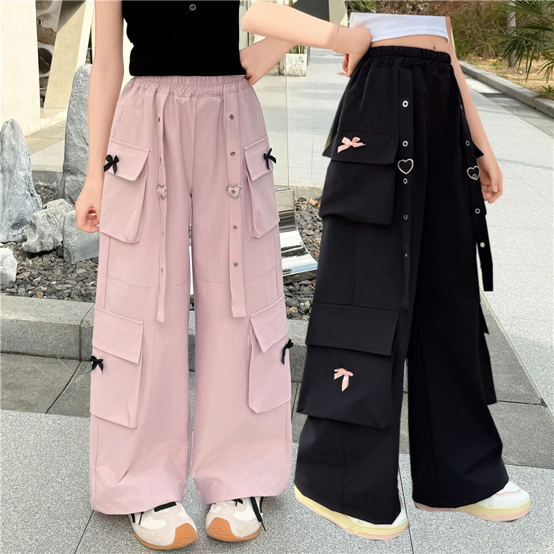 Hochwertige Kinder-Cargohose in Rosa und Schwarz mit Seitentasche für Tweens Girl. High Fashion Hip-Hop-Hose, Kinder-Street-Trainingshose