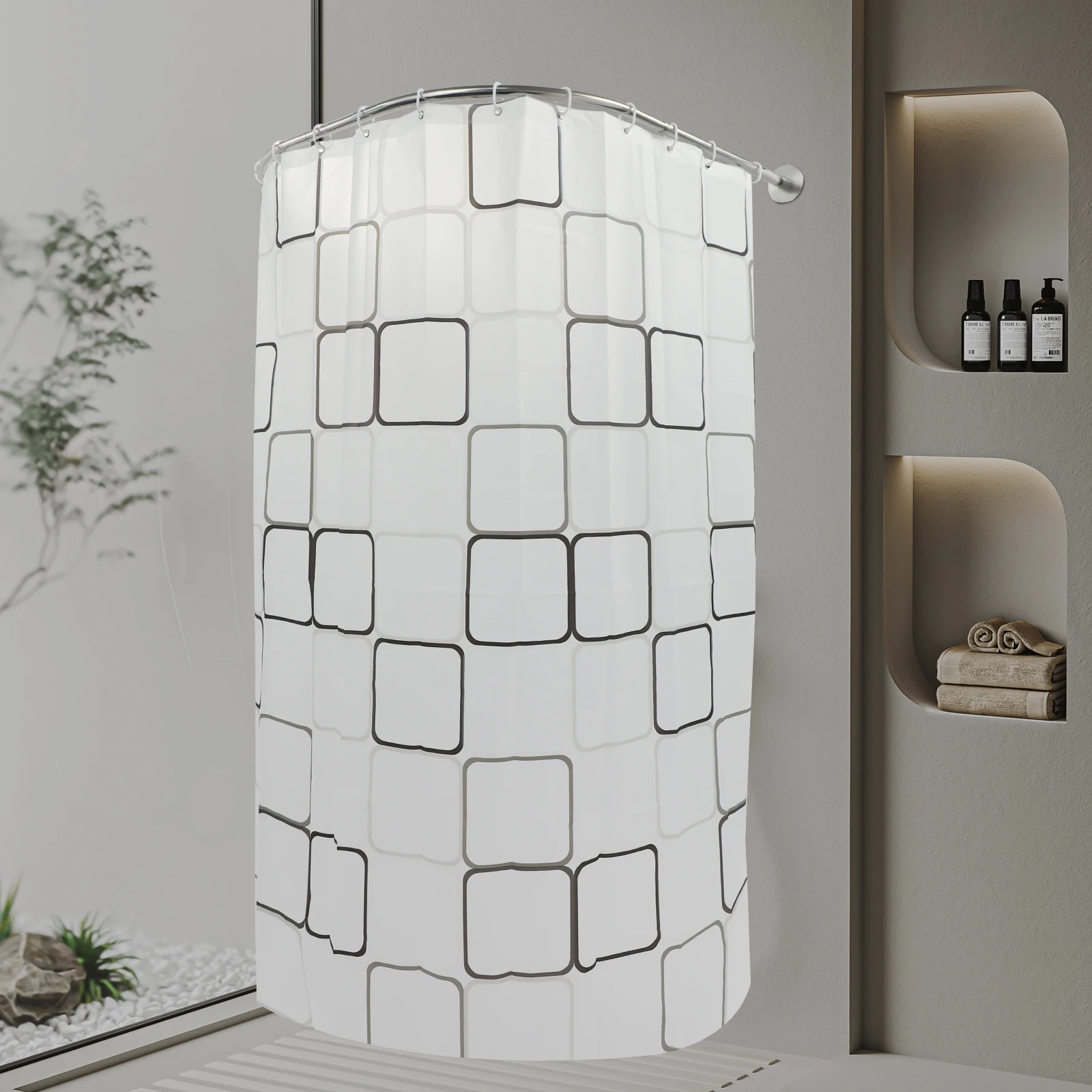 Rideau de douche en Polyester à rayures géométriques pour salle de bain avec crochets, rideau de douche étanche en U, cloison de salle de bains pour salles de bains