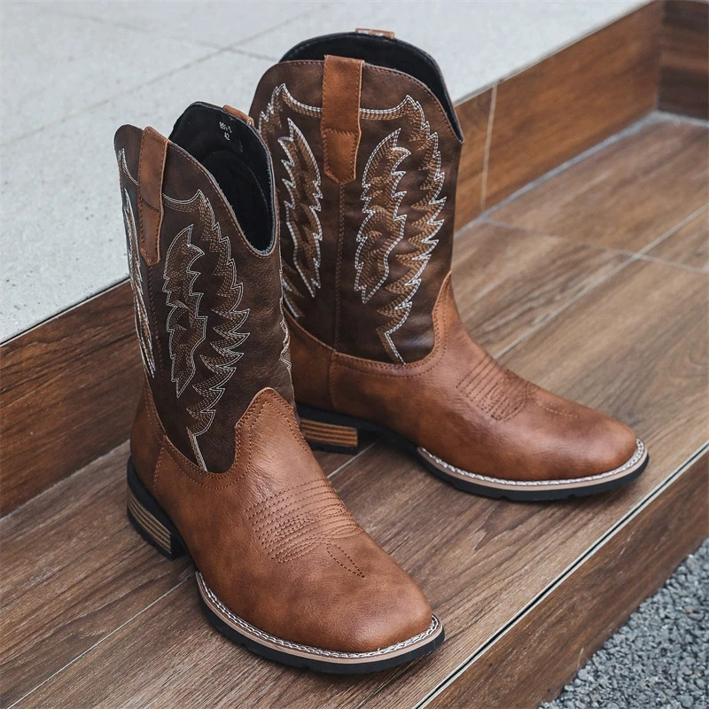 Vintage Stickerei Herren Cowboystiefel High Top Motorradstiefel Herren Schuhe Mode Karree Warme Stiefel
