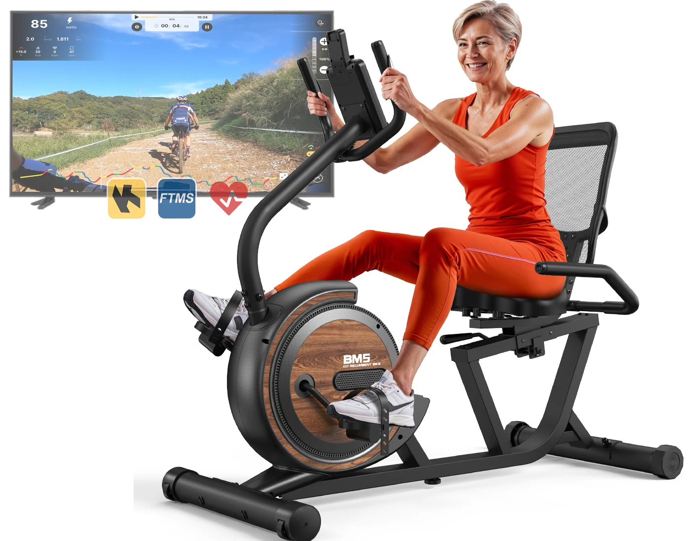 Recumbent Exercise Bike with 150 kg Load Capacity, 16 Adjustable Resistance Levels, Smart Bluetooth, Lcd Display, Heart Rate Sensors