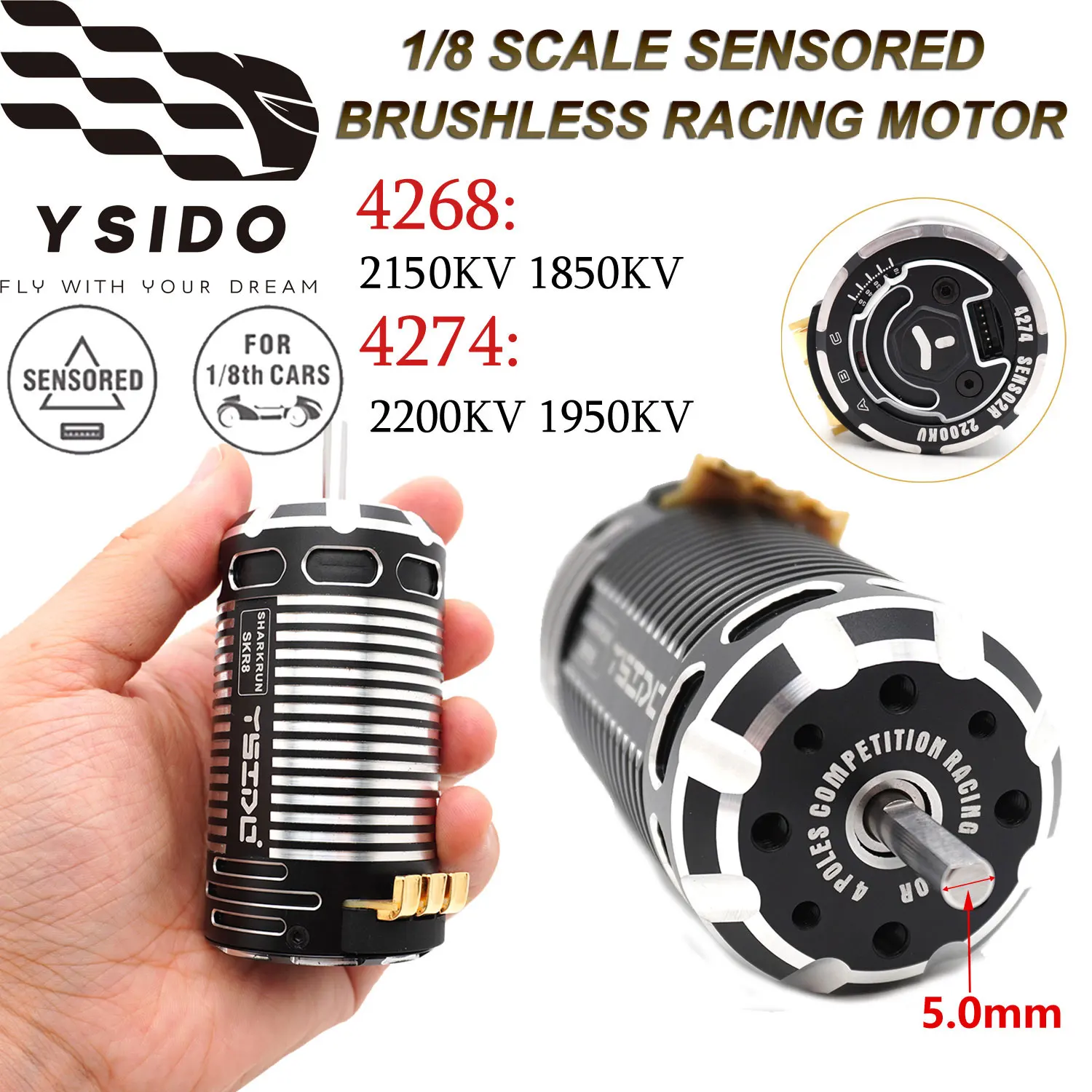 YSIDO 1/8 RC Car Sensored 4268 4274 Bürstenloser Motor mit hohem Drehmoment 5,0 mm für Traxxas Wltoys HSP RC Racing Buggy On-Road Off-Road