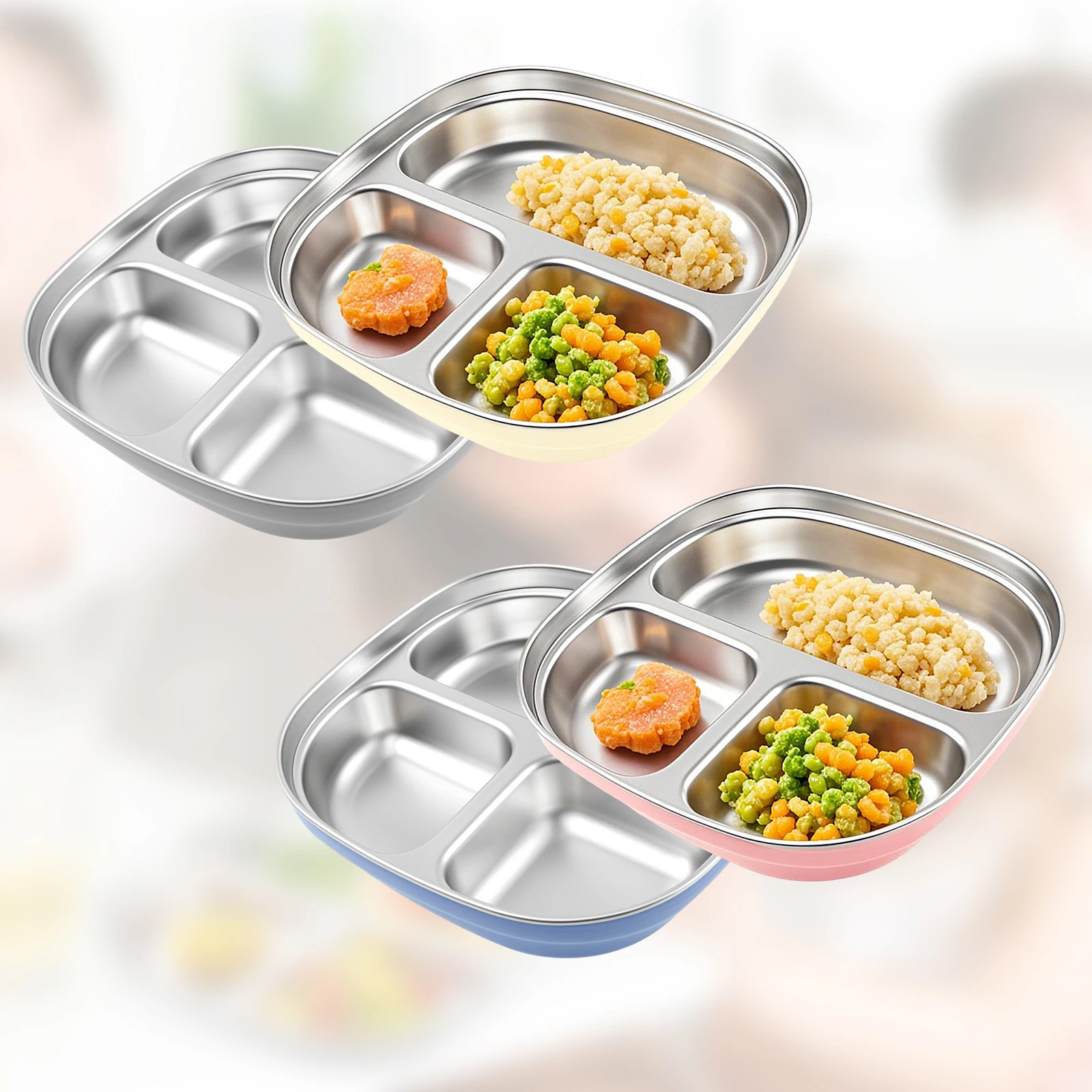 2 Stück Baby-Saugplatte aus Edelstahl, leicht zu reinigen, hitzebeständig, geteilte Babyplatte mit Silikon-Saugnapf für Kleinkinder Image