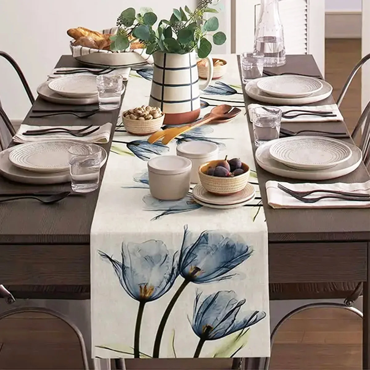 1 Stück blauer Tulpen-Leinen-Tisch, rustikaler Bauernhaus-Stil, Tischläufer, 33 x 182,9 cm, Küchen-Esstisch-Dekoration
