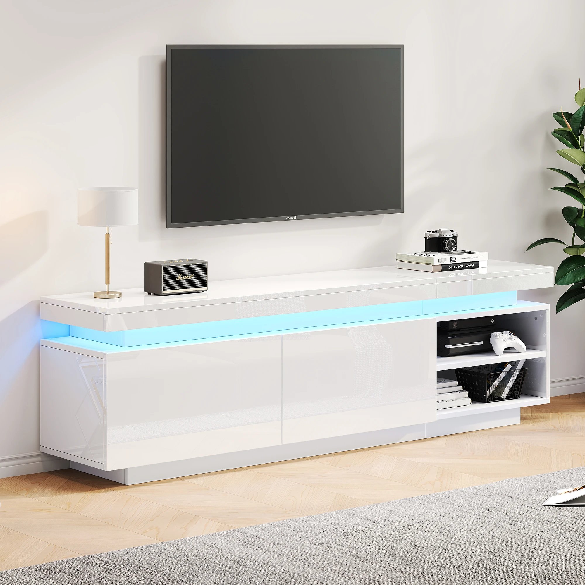 Moderner Hochglanz-TV-Schrank aus Lowboard mit LED-Beleuchtung, TV-Brett, TV-Kommode, geeignet für 70-Zoll-Fernseher, Tisch,