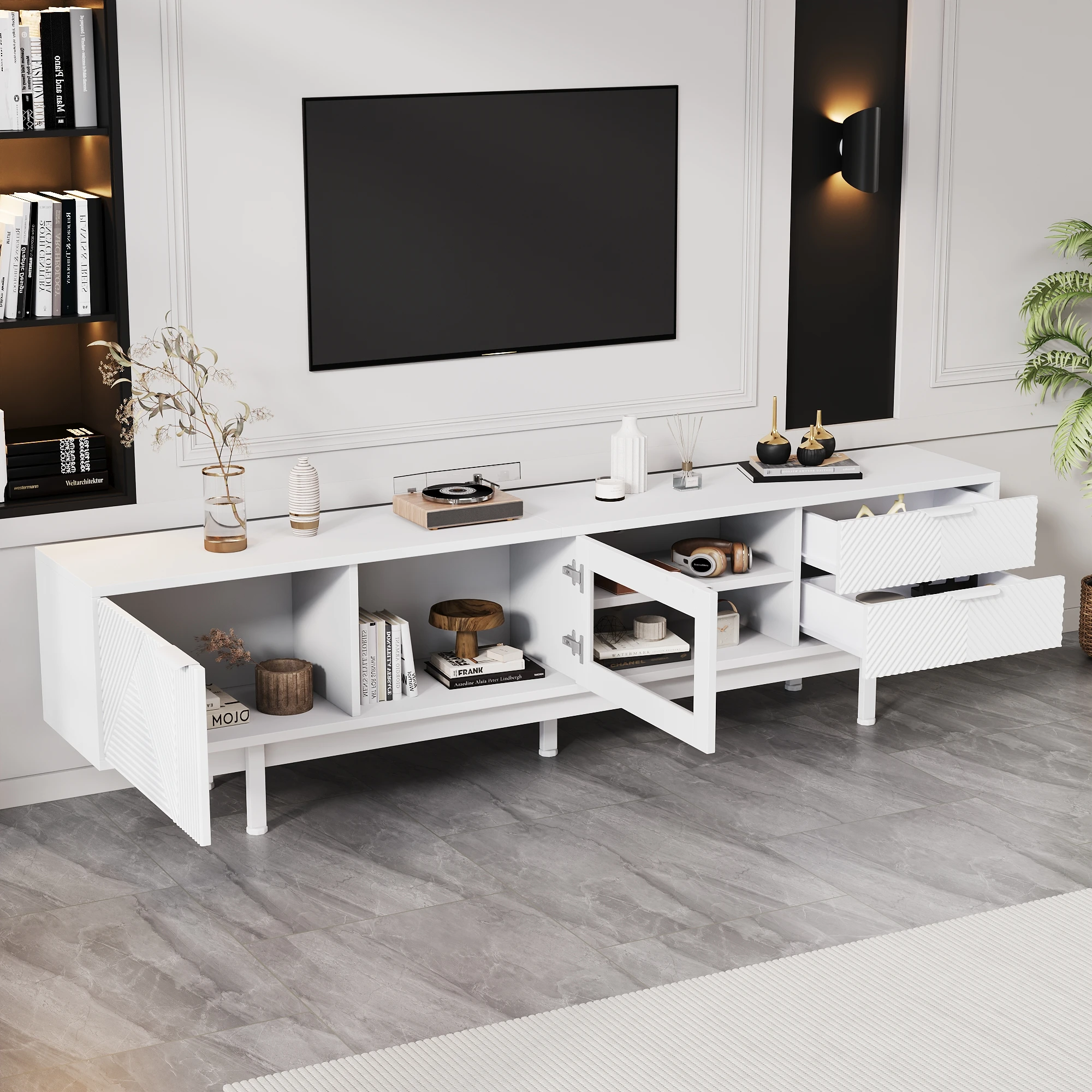 Meuble TV moderne simple 200 x 40 x 50,5 cm, meuble bas avec 2 portes et 2 tiroirs, meuble TV avec grand espace de rangement, salon