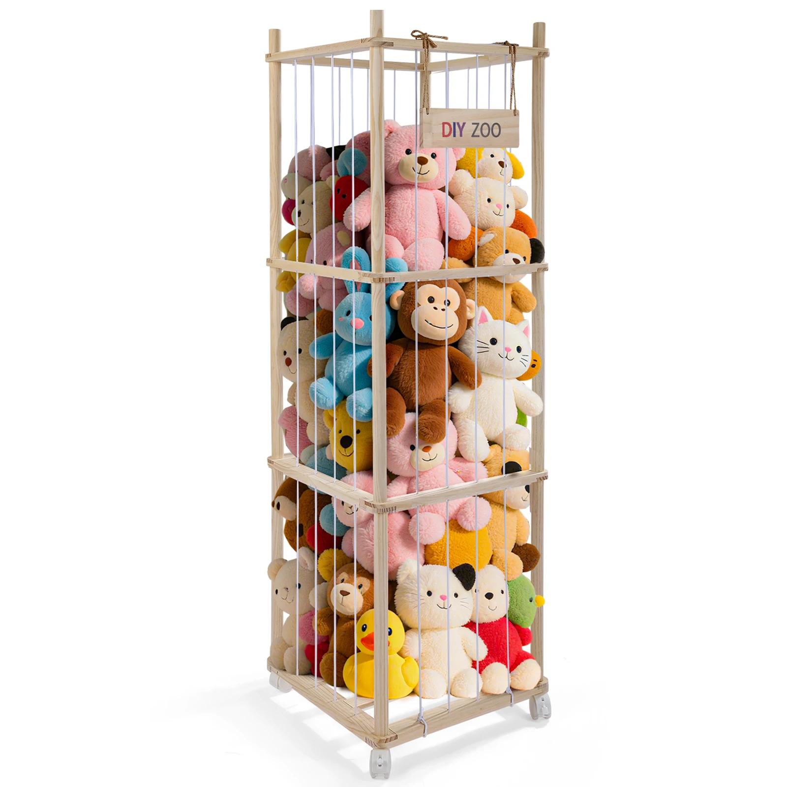 Kuschelige Spielzeugaufbewahrung aus Holz, Stofftieraufbewahrung mit 360° ° Mit Bremse ausgestattete Räder, 138 x 41 x 41 cm große Plüschtier-Aufbewahrung