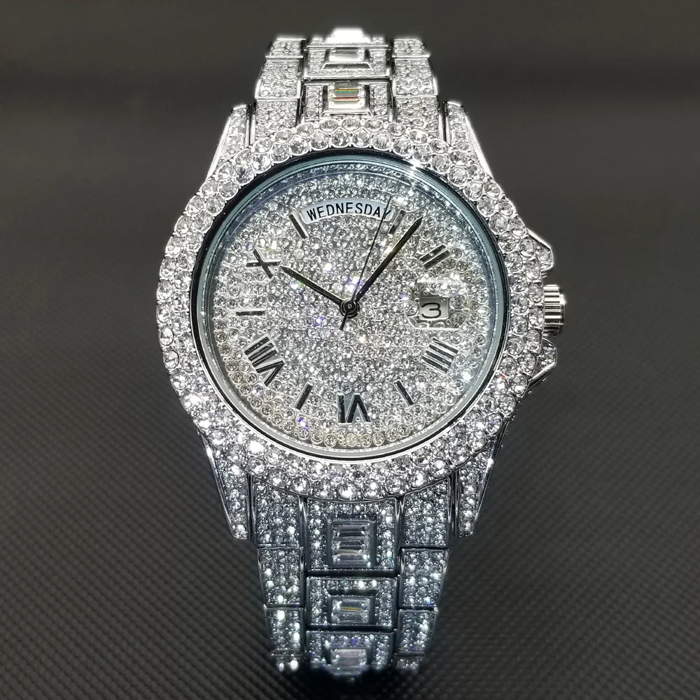 Datum Tag Diamant Uhr Für Männer Luxus Edelstahl Street Style Ice Out Armbanduhr Hip Hop Silber Bling Wasserdichte Uhr Geschenk Image
