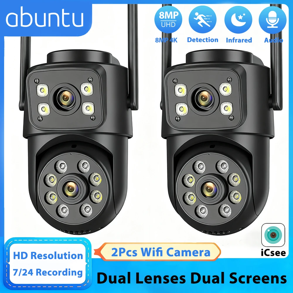 2PCs Wifi Sicherheit Kameras Outdoor 8MP 4K Dual Objektiv Dual Bildschirme Überwachung Kamera HD Nachtsicht Menschlichen erkennung Alarm ICSEE Image