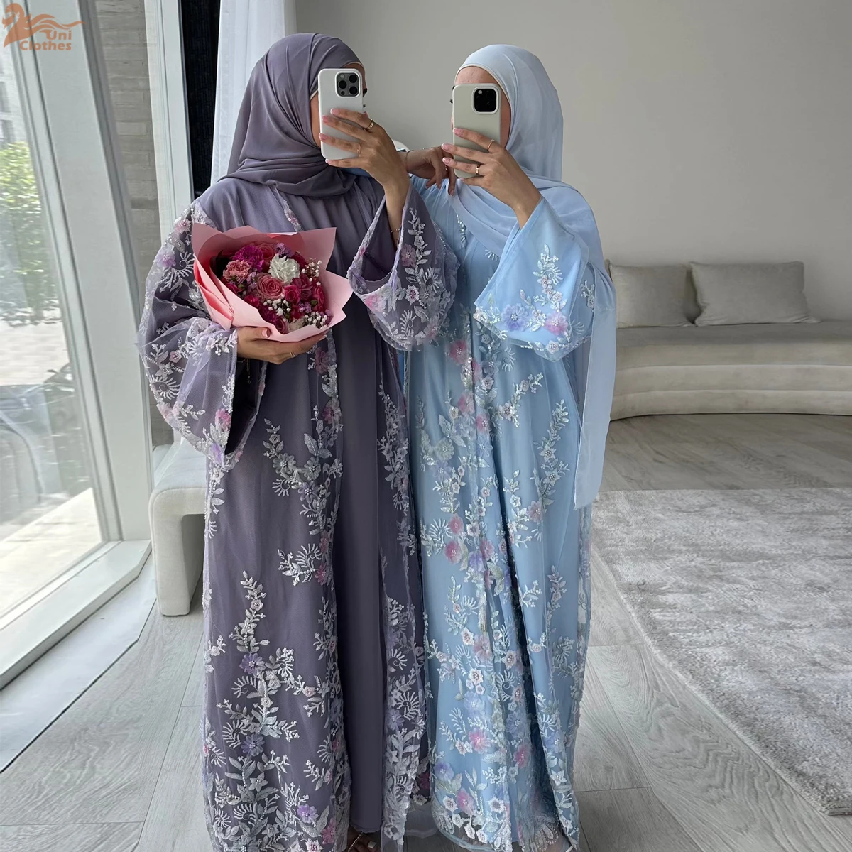 Uni Abaya Factory Custom Luxus Eid Islamischer Kimono Muslimische Frauen Kleid 3D Strukturiertes Blumen Modest Wunderschöne Dubai Abaya 2025 Image