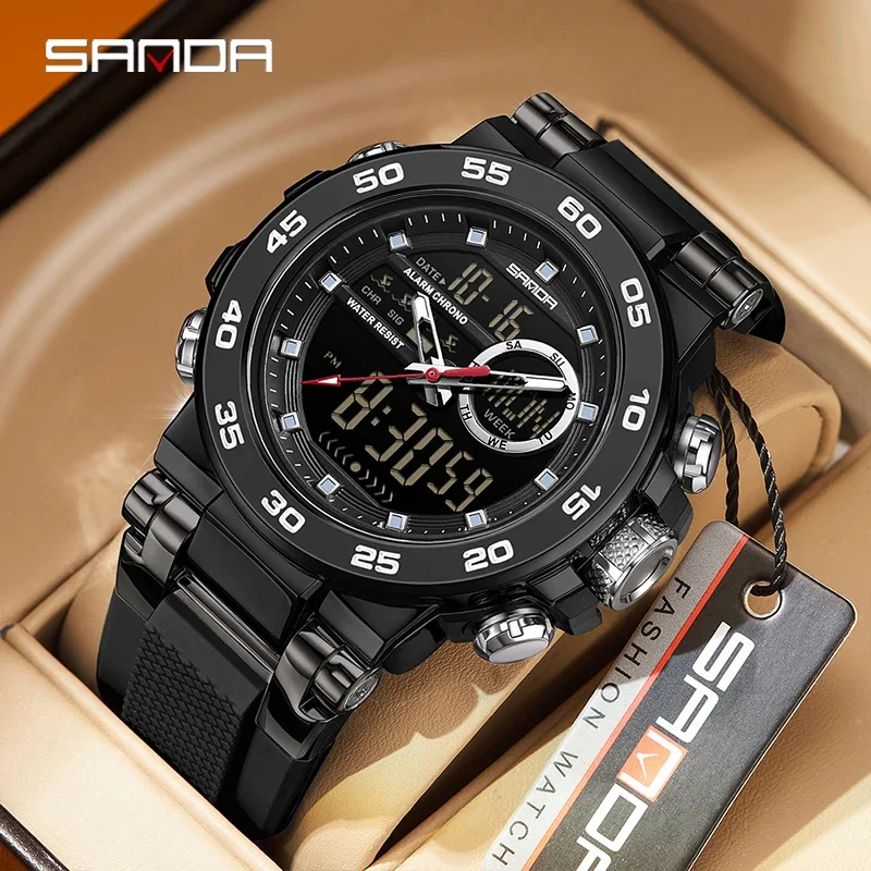 SANDA Neue Luxus Männer Quarzuhr LED Leucht Dual Time Display Sport Wasserdichte Uhr Elektronische Analog Digital herren Uhr