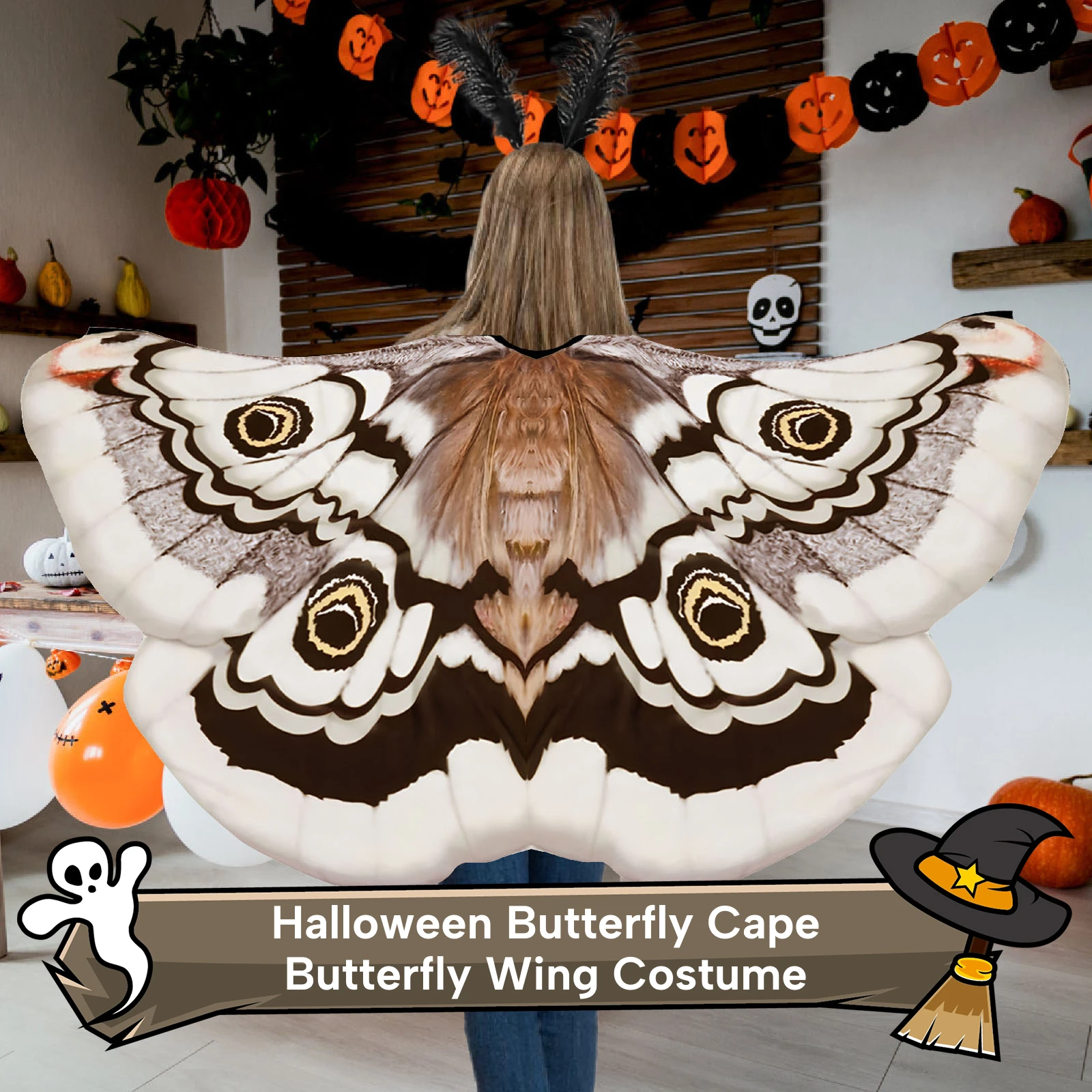 Halloween-Schmetterlingsumhang, bequem, leicht, mit Kopfbedeckung für Festival, Mottoparty, Bühnenauftritt, Geburtstag, Kostüm Image