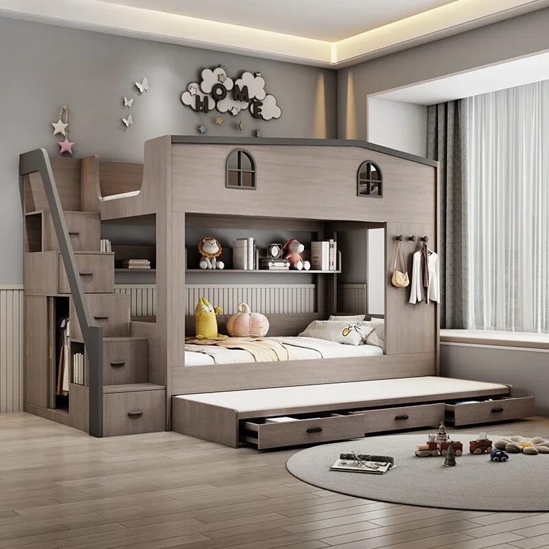 Etagenbett für Kinder mit Schubladenaufbewahrung, Loft-Doppelbett, Treppensteigen, Vollrahmen, Queen-Size-Schlafzimmermöbel aus Holz, Literas de 2, Camas