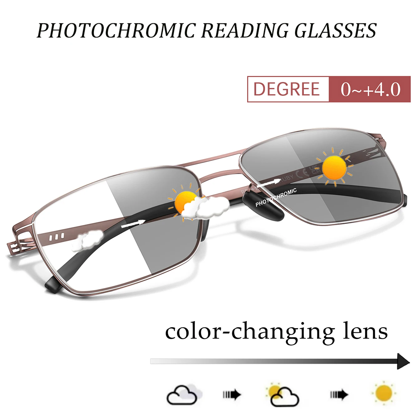 Photochrome Lesebrille aus Metall, Anti-Blaulicht, rechteckiger Brillenrahmen, Presbyopie, Unisex, Surf, Internet, Lesezeitmagazin Image