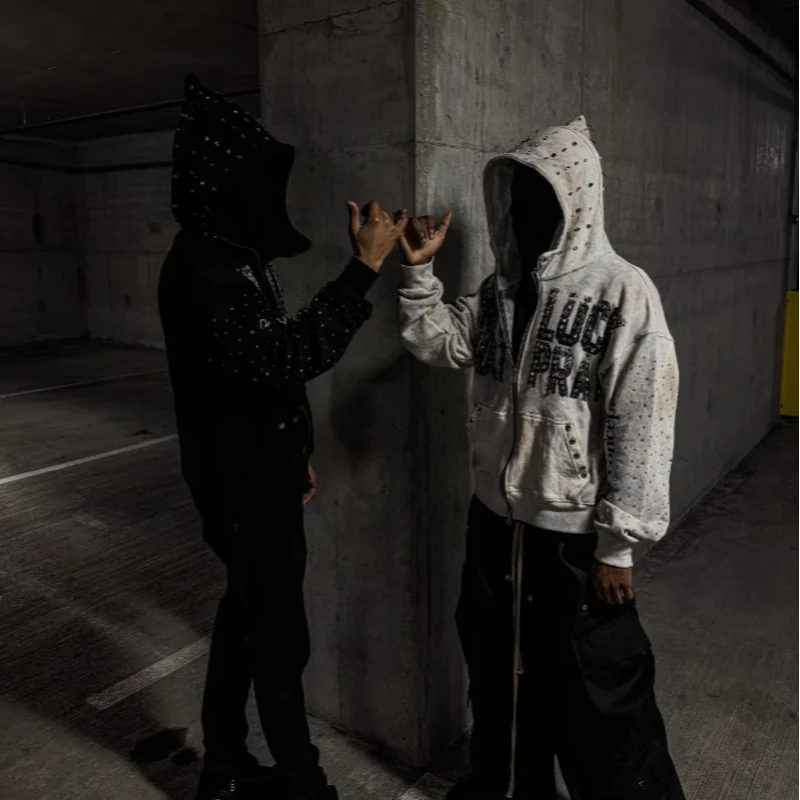 Gothic Punk Rock Harajuku Straße Hip-Hop Strass Brief Print Design Paar Trendy Sweatshirt Casual Vielseitige Zipper Hoodies Image