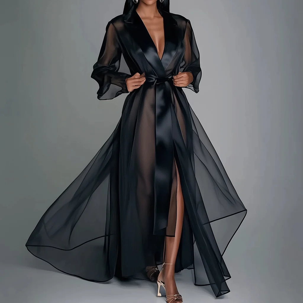 Abito lungo in organza trasparente a maniche lunghe con lacci Abito lungo Colletto con risvolto estivo Abiti da sposa alla moda Abito da donna Abito da festa solido