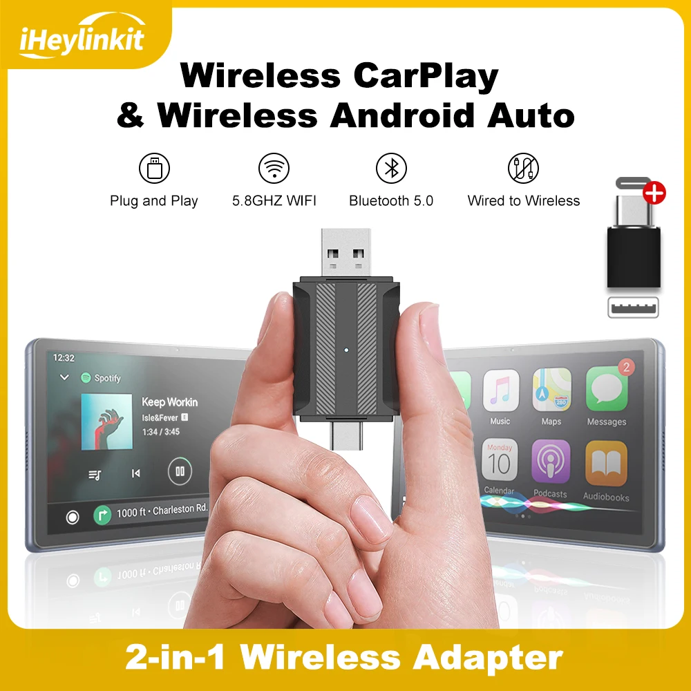 iHeylinkit NEU 2in1 verkabelt mit kabellosem CarPlay Android Auto AI Mini Box Plug&Play Automatische Verbindung Kompatibel mit 99 % des Autos Image