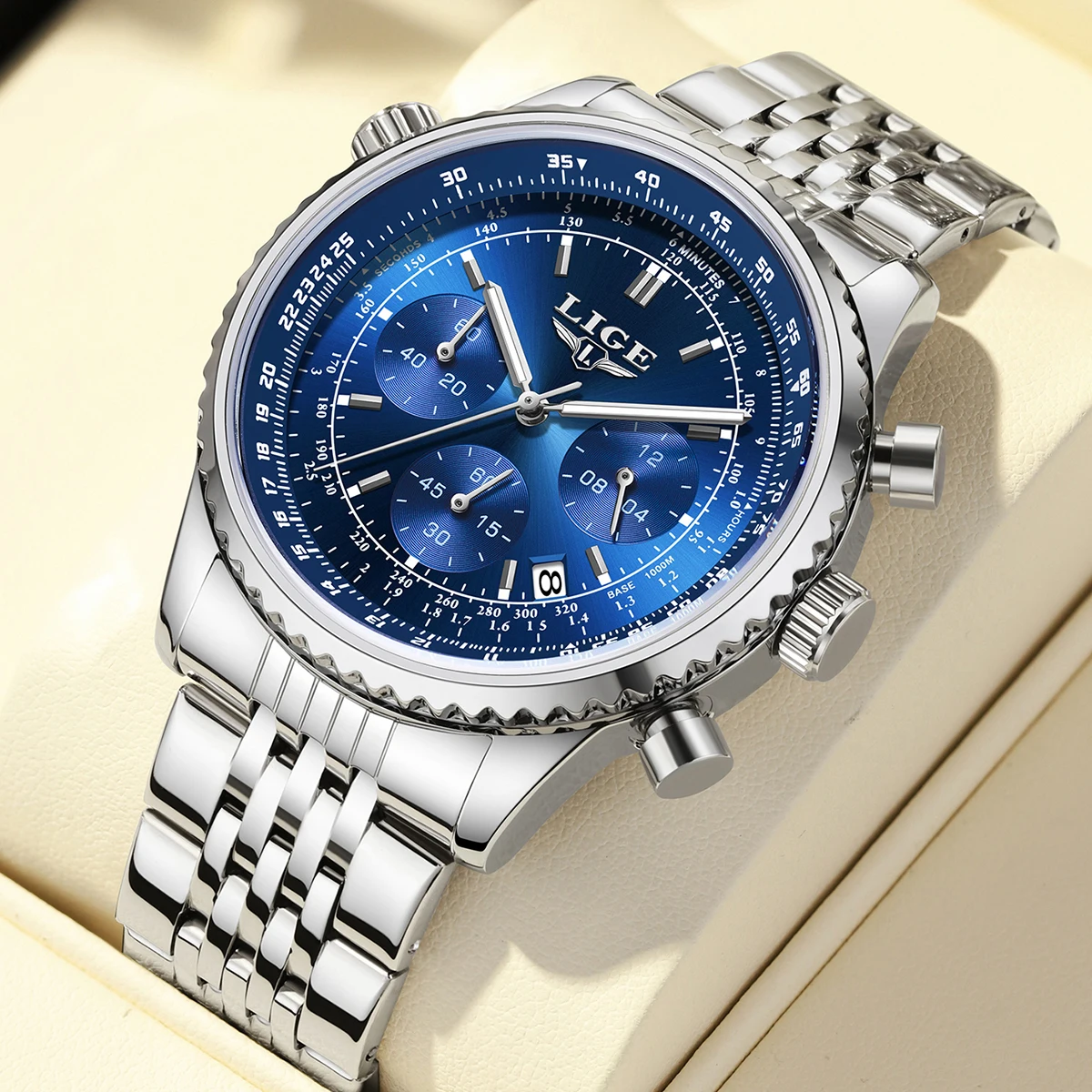 LIGE 2025 Luxus-Herrenuhr, wasserdicht, leuchtender Kalender, Chronographenuhr, Business-Edelstahl-Quarz-Armbanduhr, Reloj + BOX Image