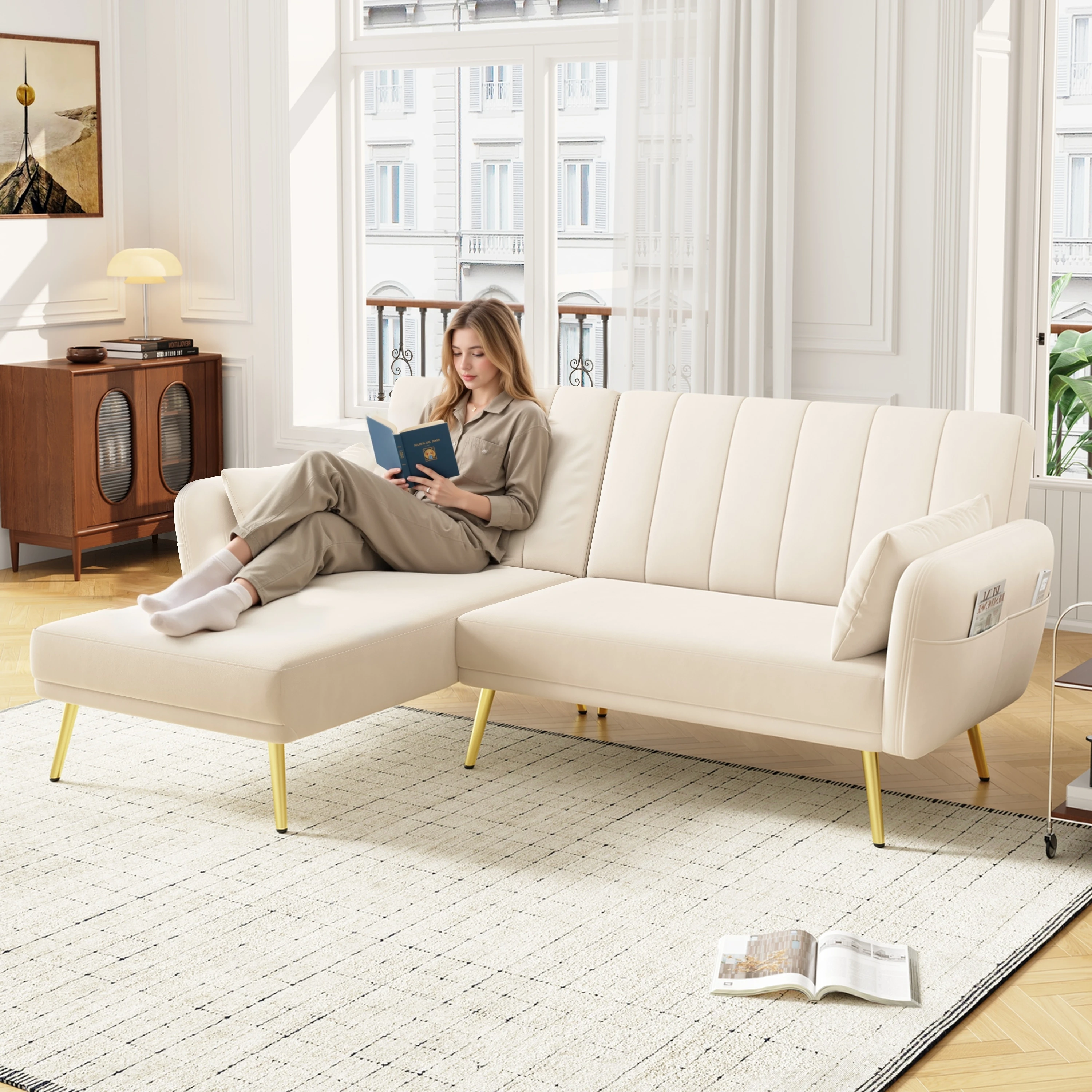 Modernes Klappsofa, L-förmiges Sofa, Schlafsofa MIT Zusatzecke, Corner Sofa MIT Schlaffunktion, geeignet für Wohnzimmer, Schlafzimme Image