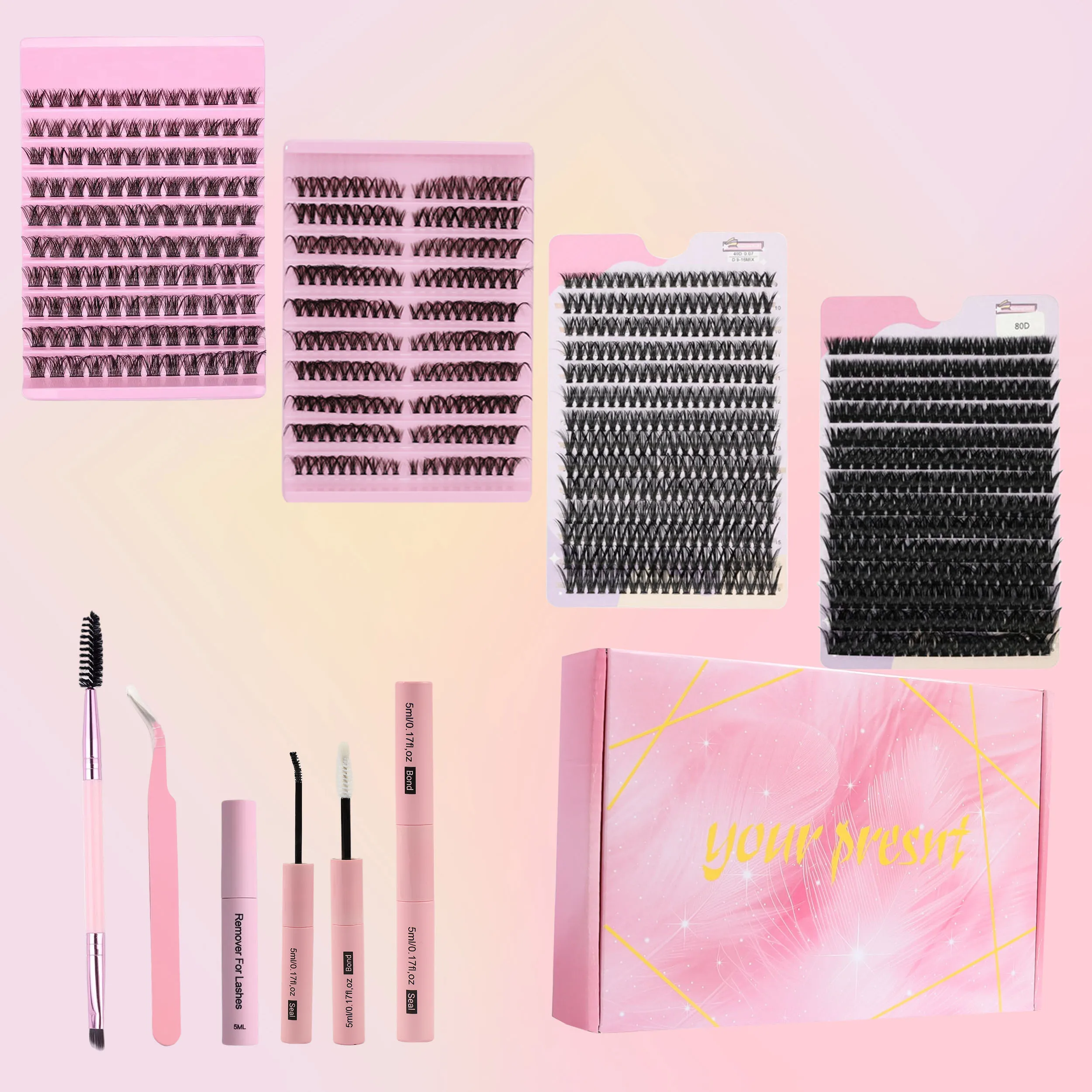 4-Pack-Farbbox-Set mit gemischten lockigen Wimpernverlängerungen, 40D und 80D lockig, mit Kleber und Versiegelung, perfekt für Anfänger Image