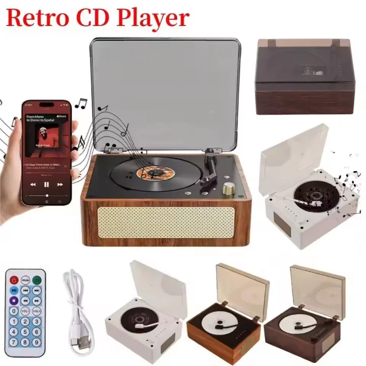 Lettore CD retrò Altoparlante wireless ricaricabile Bluetooth 5.0 Lettore musicale domestico portatile Lettore CD desktop USB da 3,5 mm AUX per telefono
