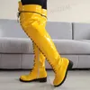 LAIGZEM Frauen Oberschenkel Stiefel Glänzende Seite Zip Runde Kappe Quadratische Absätze Stiefel Über Knie Unisex Weibliche Schuhe Frau Große Größe 33 41 46 50