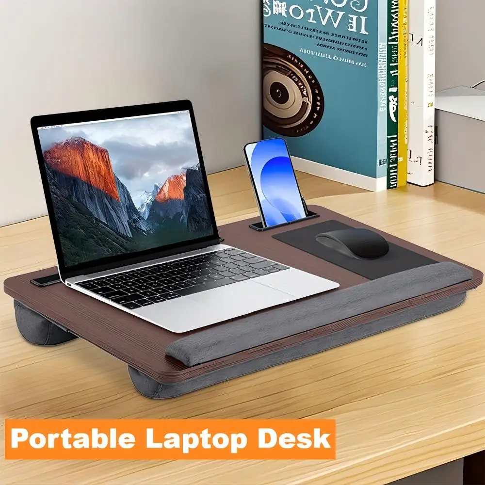Klappbarer Laptop-Schreibtisch aus Holz mit Tragegriff, Mauspad, Telefonschlitze, tragbarer Arbeitstisch für Zuhause, Büro, Wohnheim, Auto, Arbeiten im Freien Image