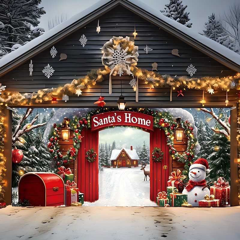 Christmas Outdoor Garage Door Cover Santas Home Gingerbread House Reindeer Snowman Gift Boxes Christmas Wreath Large Tapestry Backdrop Decoration For Holiday Outdoor Garage Door Home Wall Decorations