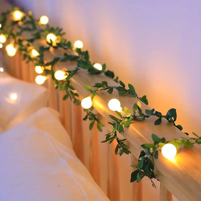 Green Leaf Rose LED Fairytale String Lights 6m 40LEDs Mushroom Garland Lights Battery Powered Christmas Home Balcony Garden Porch Window Holiday Wedding Party Decoration