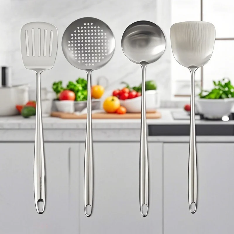Spatule Wok en acier inoxydable, ustensiles de cuisine en métal, tourneur à fente, cuillère louche, ensemble d'ustensiles, accessoires de cuisine, outils de cuisine