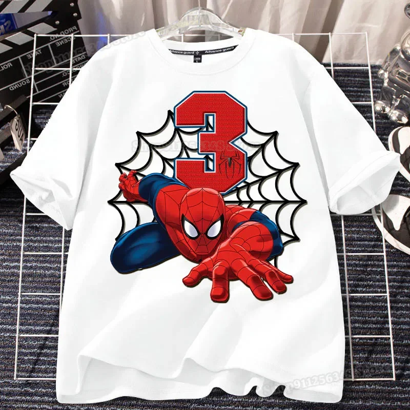 Cartoon Spider Man Birthday T-shirt for Kids 1-9 Years Party Wear Supplies Boys Clothes Cotton Shirts Cute Children
