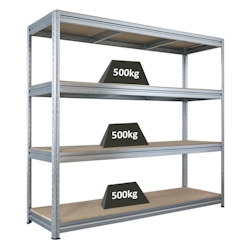 Proregal Schwerlastregal DINO | HxBxT 180x200x60cm | 4 Spanplatten-Ebenen 16mm | Fachlast 500kg | Verzinkt Image