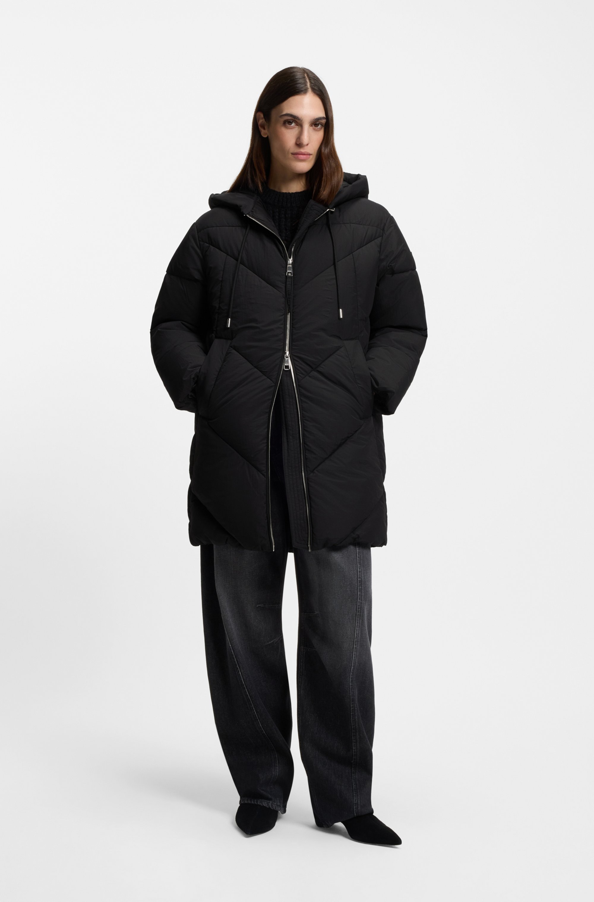 Steppmantel BOSS ORANGE "Piapolly Premium Damenmode", Damen, Gr. 40, schwarz 001, Web, Obermaterial: 100% Polyester, unifarben, gerade ca. Mitte Oberschenkel, Mäntel Steppmantel, mit Kapuze, Chevron-Steppung