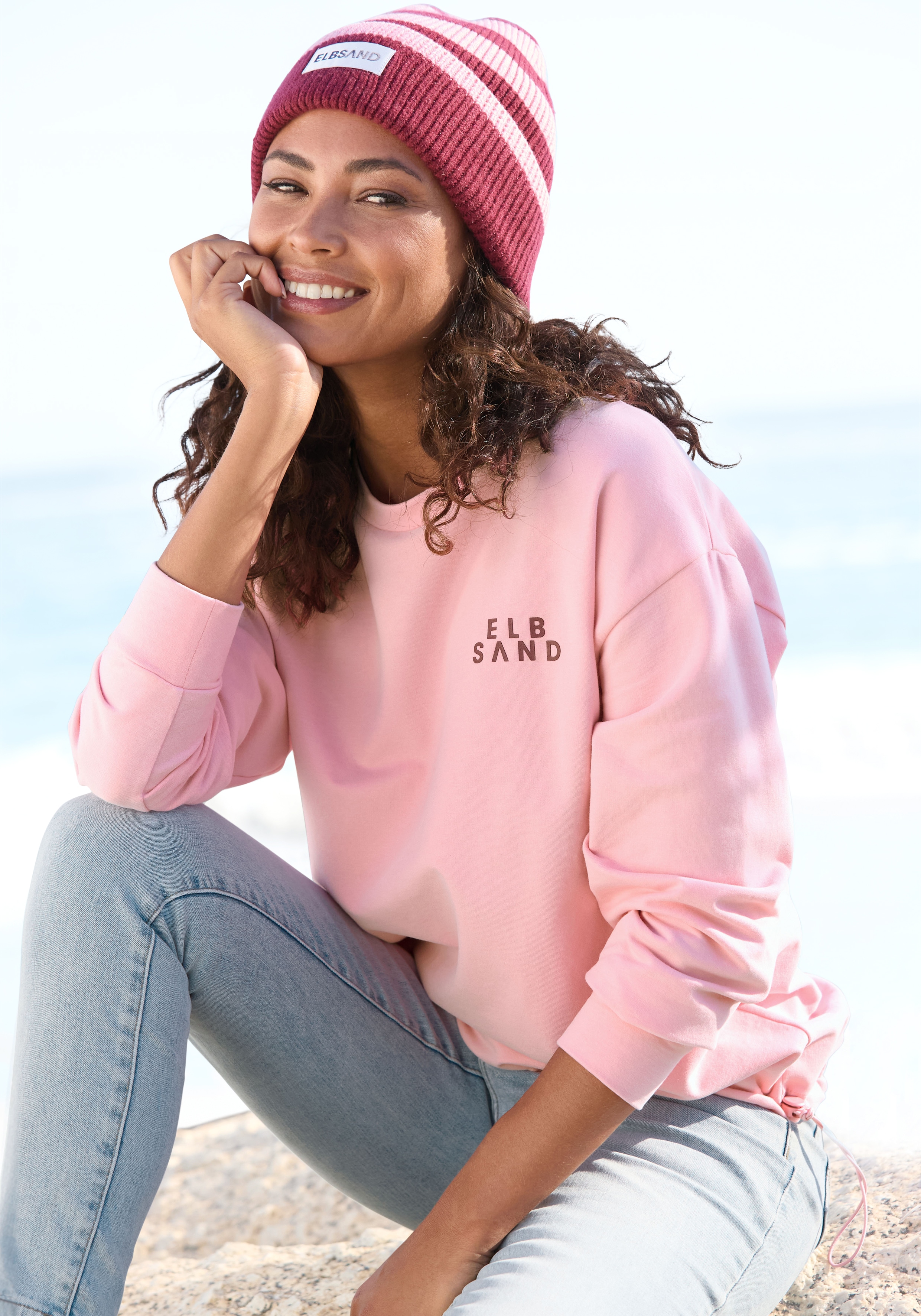Sweatshirt ELBSAND "Carisa", Damen, Gr. M (38), rosa, Sweatware, Obermaterial: 95% Baumwolle, 5% Elasthan, unifarben, figurumspielend hüftlang, Rundhals, Sweatshirts Sweatshirt, mit verstellbarem Gummizug am Saum
