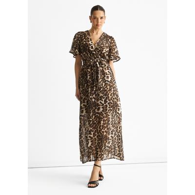 Braunes Chiffon-Tier-Lurex-Streifen-Wickel-Midikleid Image