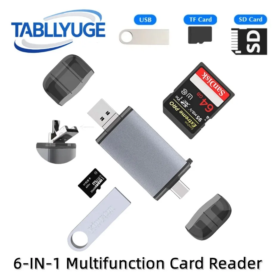 TABLLYUGE 6 en 1 TYPE-C lecteur de carte USB3.0 TF/SD/Micro USB adaptateur lecteur de carte lecteur de carte multi-en 1 lecteur de carte haute vitesse