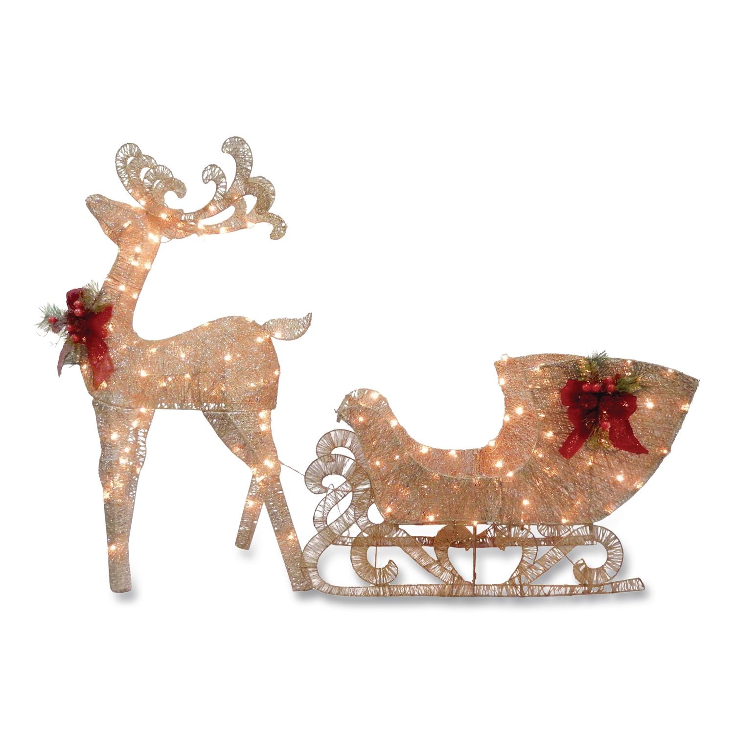National Tree Company Champagne Reindeer Pulling Sleigh, AC Power, Warm White LED Lights, 13.5" x 24" x 48" Reindeer, 13.5" x 38.5" x 24" Sleigh (NTTD