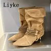 Liyke Herbst Winter Schuhe Street Fashion Metall Schnalle Frauen Mittlere Waden Stiefel Vintage Spitz Niedrigen Dünnen Absätzen Western Booties
