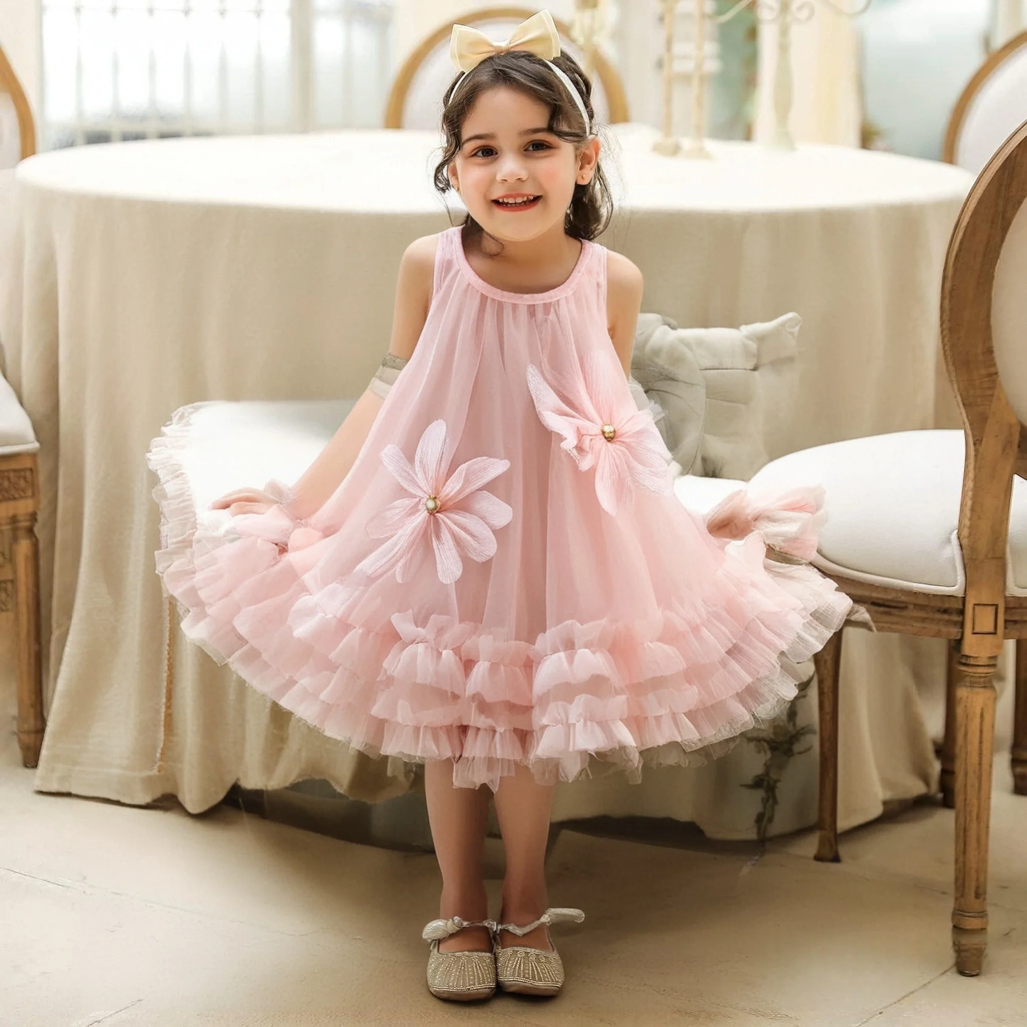 Baby Mädchen Prinzessin Kleid Sommer Neue Einfarbig Floral Chiffon Kinder Kleidung Für Geburtstag Parteien (9 Monate-3 Jahre alt) Image