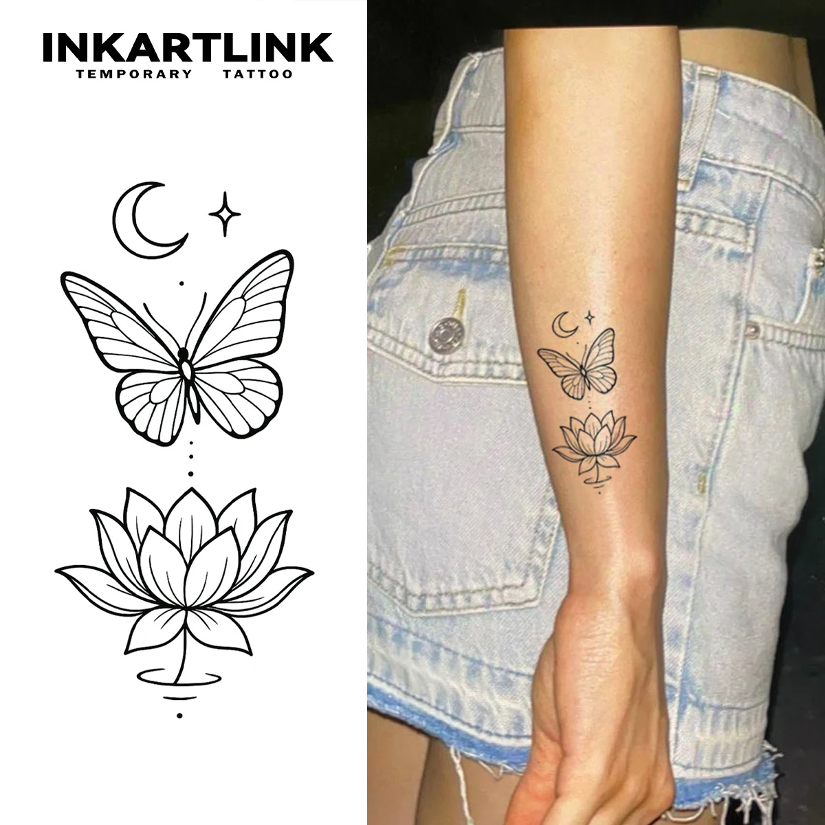INKARTLINK Einfache Linien Stern Mond Schmetterling Lotus Tattoo Aufkleber Wasserdicht Temporäre Tattoo Farbe Halten für 1-2 Wochen Image
