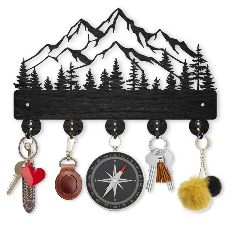 Bergwald Holz Garderobe Wand halterung 5 Legierung Haken Schlüssel halter für Wand Wohnkultur Geschenk Natur Landschaft Schlüssel Rack Eingang