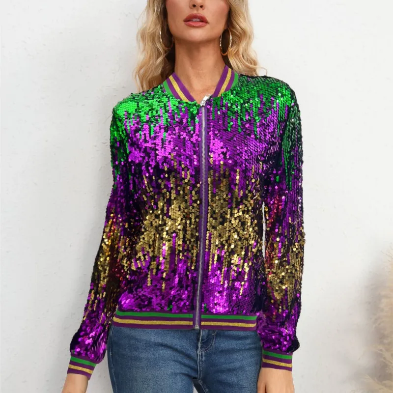 Elegante Frauen Pailletten Jacken Langarm Kurze Mäntel Frühling Herbst Gold Stehkragen Vorne Offen Zipper Jacke Y2K Streetwear