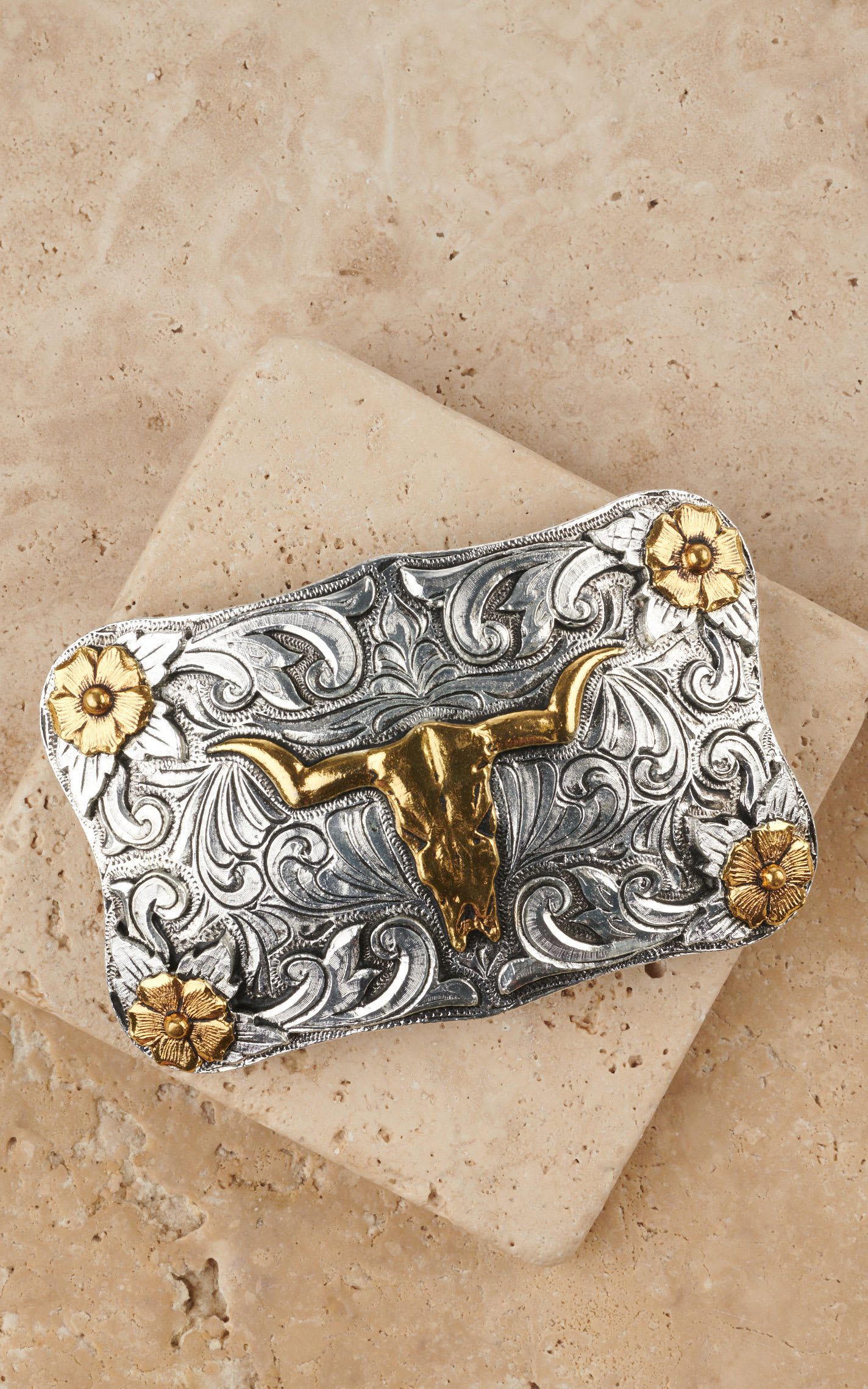 AndWest Men's Silver and Gold Skull and Etched Floral Scalloped Belt Buckle - NOSZ - From Cavender's