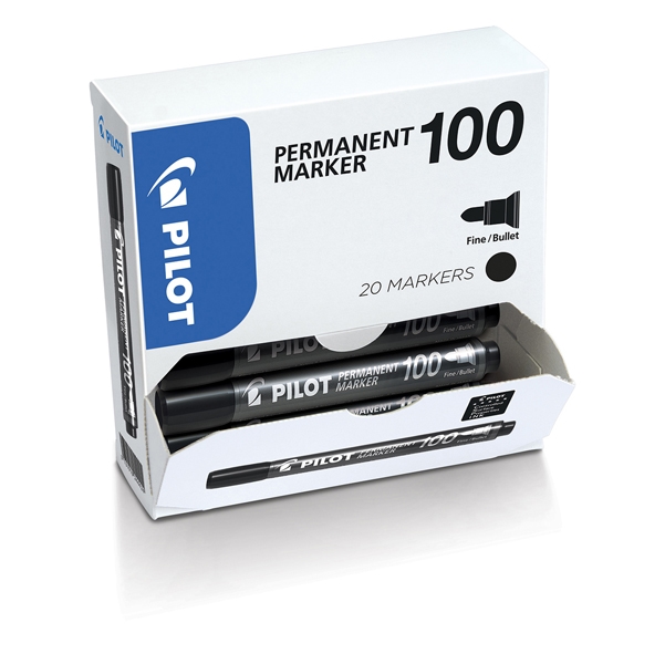 Pilot 100 Permanentmarker Fein Rundspitze - 1 mm Schwarz Nicht Nachfüllbar 20 Stück Image